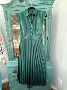 J. Crew Teal Pleated Midi Shirt Dress